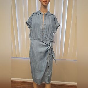 Tribal Jeans Women's XS Tencel Button Front Collared Side Wrap Scuba Blue Dress